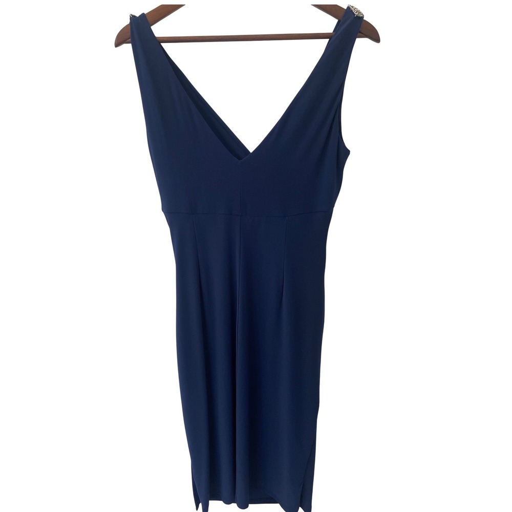 Lauren Ralph Lauren  Navy Blue Ruched Rhinestone  Dress 8 Prom Wedding Cocktail - Picture 4 of 9